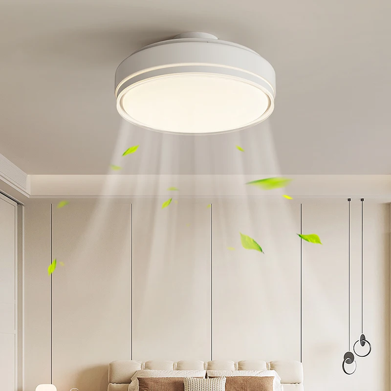 White Vaneless Ceiling Fan For Study Room Bedroom Round 54Cm Modern Bladeless Ceiling Fan With Light Flush Mount Fan Light