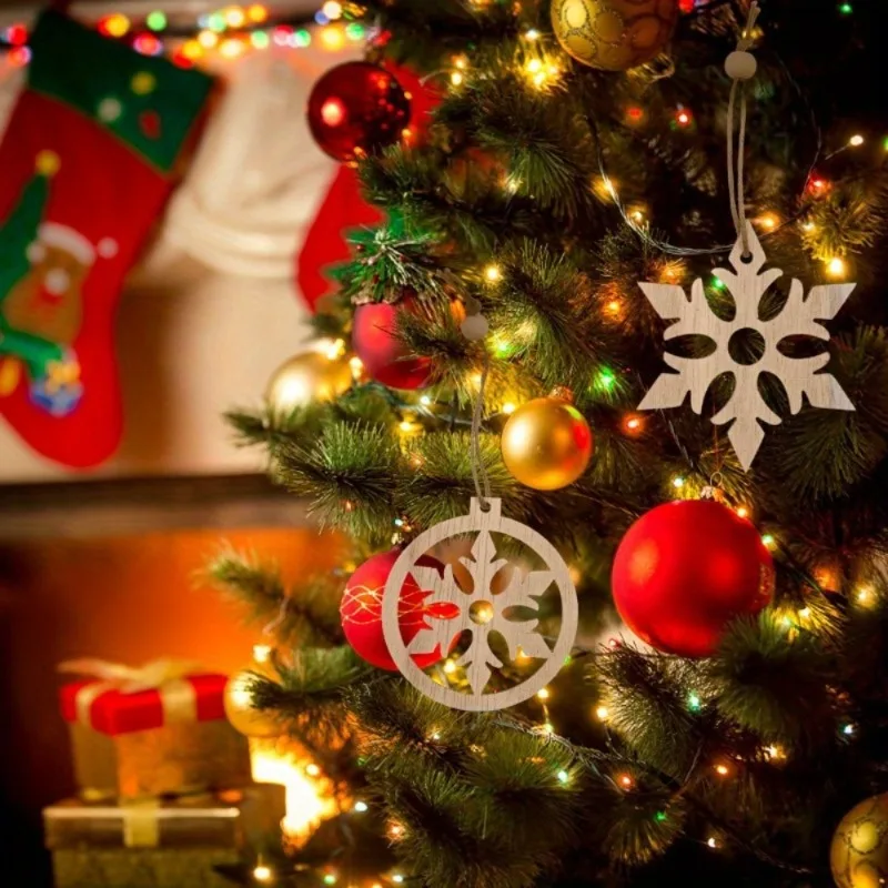 Elegant Wooden Christmas Ornaments Collection with Snowflake and Heart Designs for Home Tree Decor Festive Party Supplies,