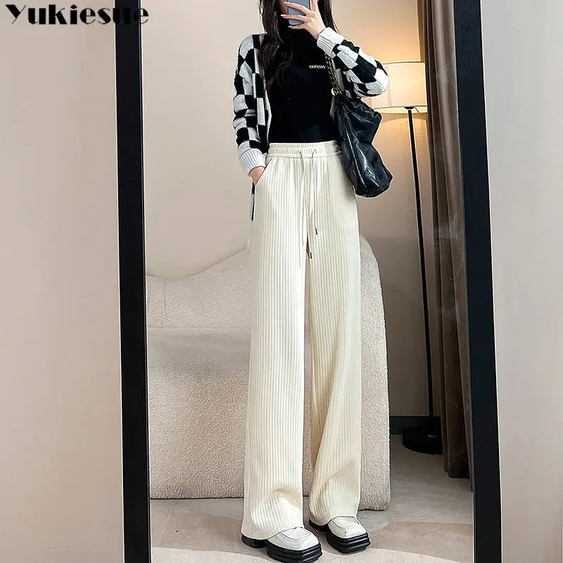 

Autumn Winter Casual Trousers High Waist Wide Leg Loose Trouser Elastic Force Leisure Streetwear Corduroy Straight Pants Woman