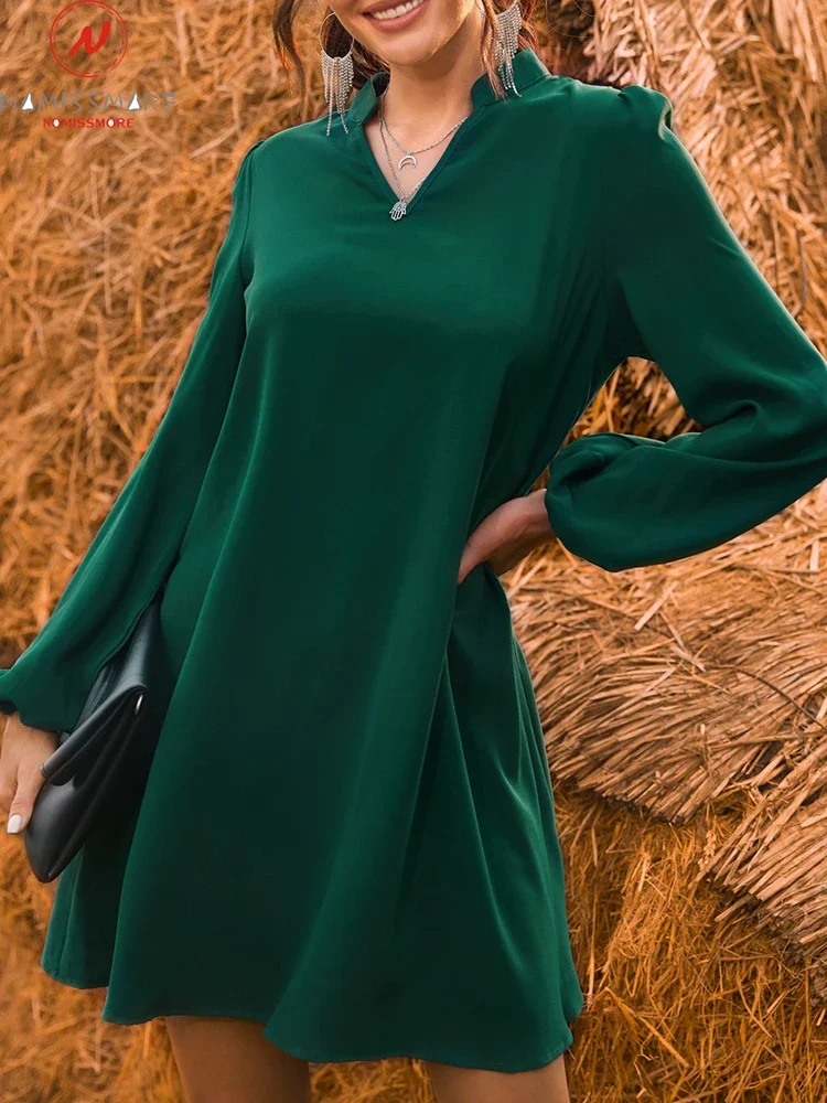 

Fashion Women Solid Color A-Line Dress Patchwork Design V-Neck Loose Waist Long Sleeve Spring Autumn Casual Mini Dress
