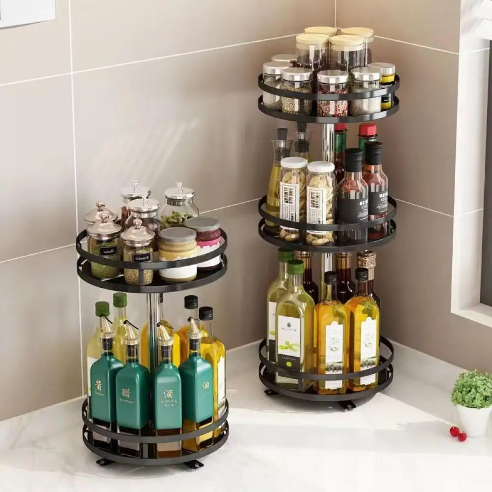 Kitchen Storage Rack Spice Rack Seasoning Divider Rotation Condiment Rack Multifunctional Carbon Steel Flavour Storage Tray Round Seasonings Organizer Kitchen