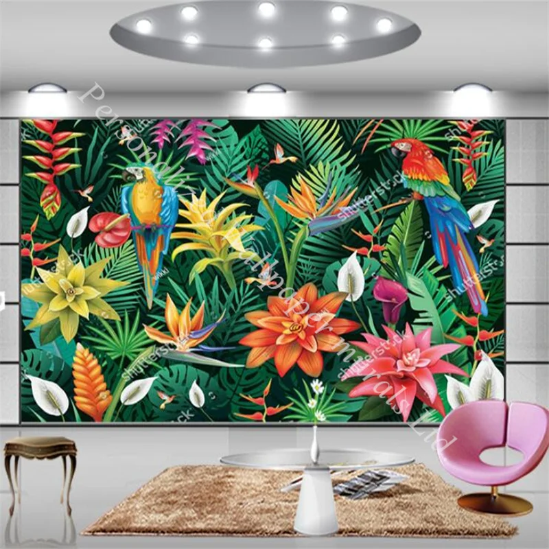 

Watercolor Tropical Plant Flower Birds Black Background 3d Photo Wallpapers for Living Room Bedroom TV Sofa Wall Paper Murals