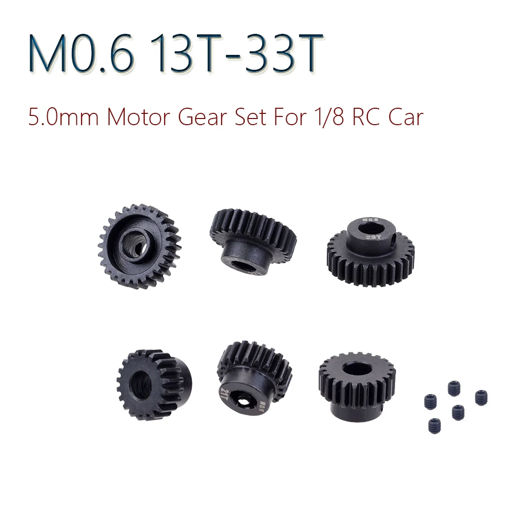 

M0.6 Motor Gear 5.0mm 17T 18T 19T 20T 21T 22T 23T 24T 25T 26T 27T 28T Steel Pinion Motor Gear Combo Set for RC 1/8 Car