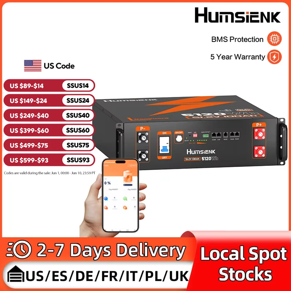 Humsienk Server Rack LiFePO4 بطارية 3U مقاس 48 فولت 100 أمبير مع بلوتوث 100 أمبير BMS 15000 دورات للعاكس، RV، عربات، الطاقة الشمسية