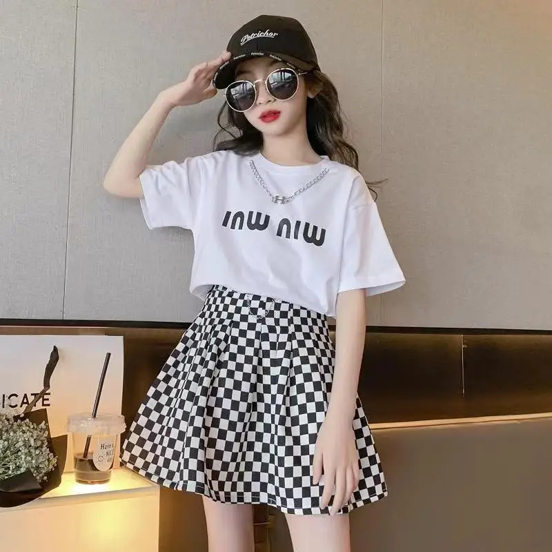 Junior Girl Clothes Summer Short Sleeve T-Shirt Top & Plaid Skirt