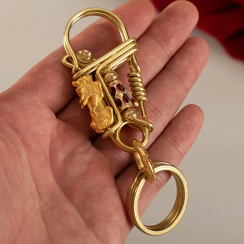 

Brass Handicraft Key Buckle Divine Beast ​Retro Bead Trinket Waist Keychain Car Keyring Creative Lovers Gift Small Decoration