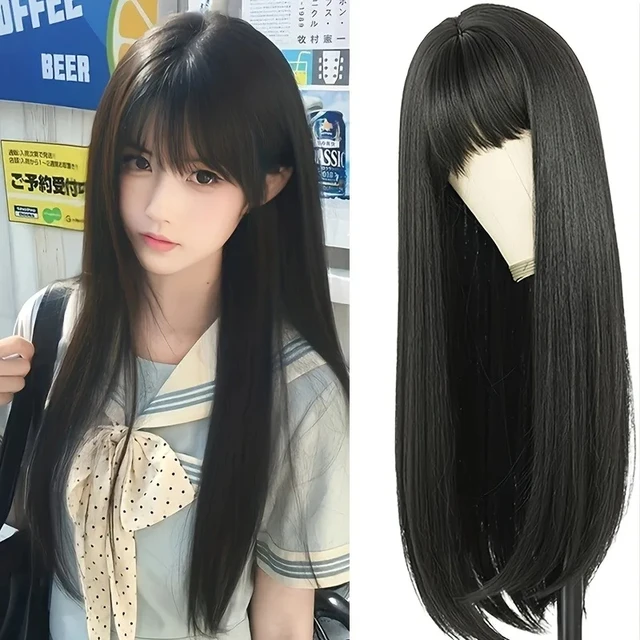Perruque synthétique mode 26 pouces - cheveux longs et raides noirs - cheveux cosplay Halloween - perruque quotidienne - accessoire cheveux haute température 1