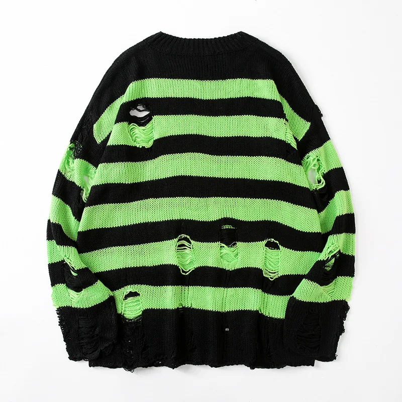 

Female Punk Unisex Sweater Harajuku Streetwear Tops Women Autumn Hollow Out Hole Broken Jumper Loose Pullovers Striped Sweaters