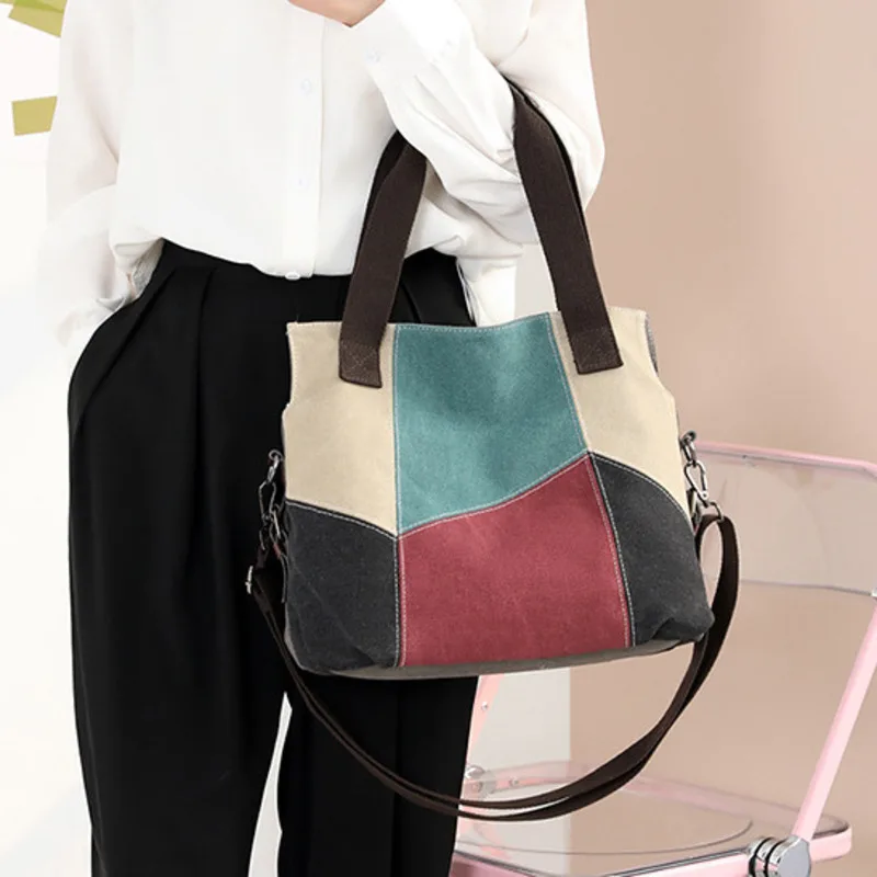 

Новая женская сумка, простая и модная женская сумка, контрастная Холщовая Сумка, вместительная тканевая сумка на одно плечо, сумки с ручками