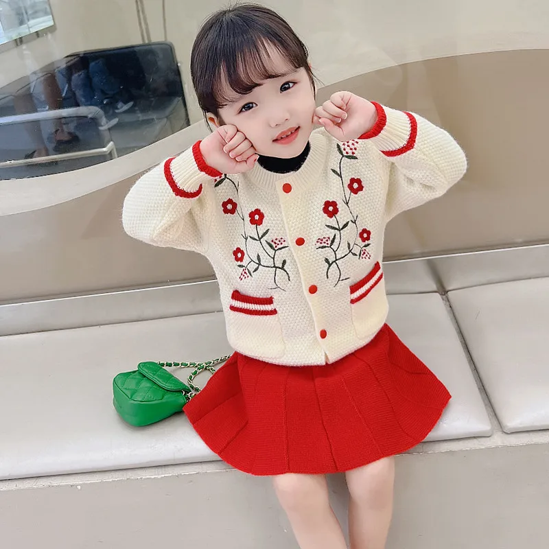 

Girl Flower Embroidered Sweater Skirt Suit Children's Clothing Knitted Two-piece Set Autumn Winter Girl Jacket pleated Skirt Set