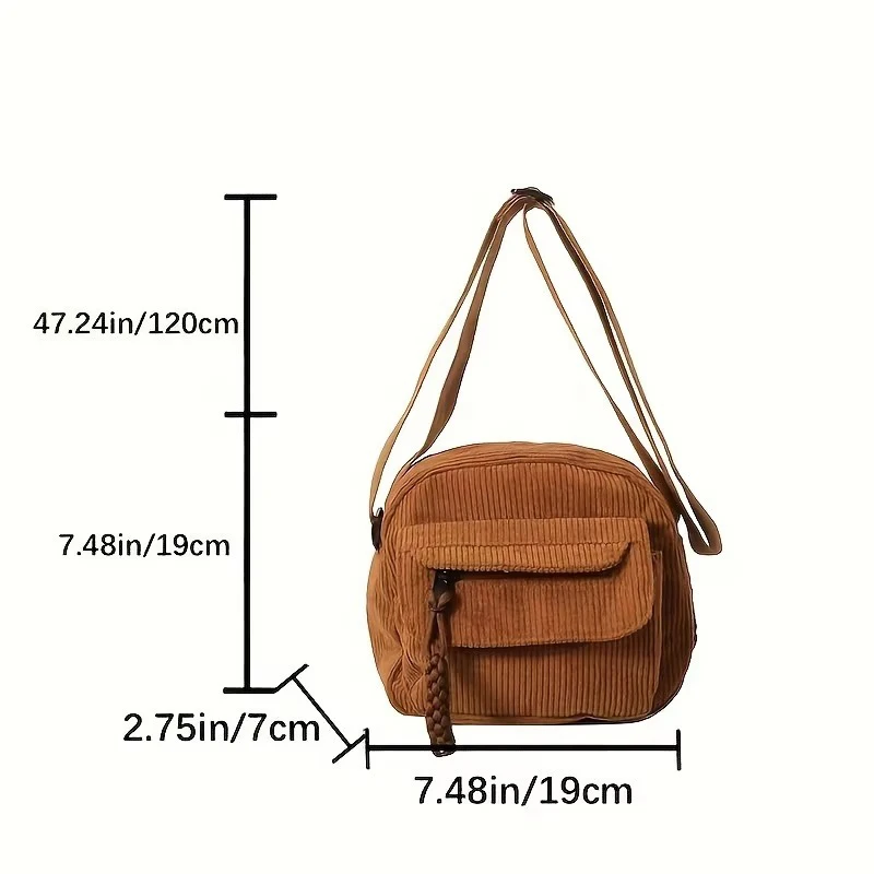 Corduroy Crossbody Bag Women Casual Harajuku Style Zipper Closure Adjustable Strap Multi Pockets Polyester Lining Beige