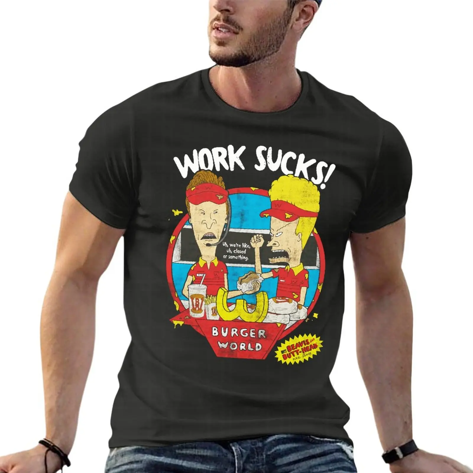 

Beavis Butthead Work Sucks Funny Oversize T-Shirts Fashion Men Clothing Short Sleeve Streetwear Big Size Top Tee