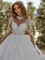 Elegant Silky Organza Ball Gown Wedding Dresses Beading Pearls Embroidery Applique High Collar Full Sleeves Bridal Skirts 1