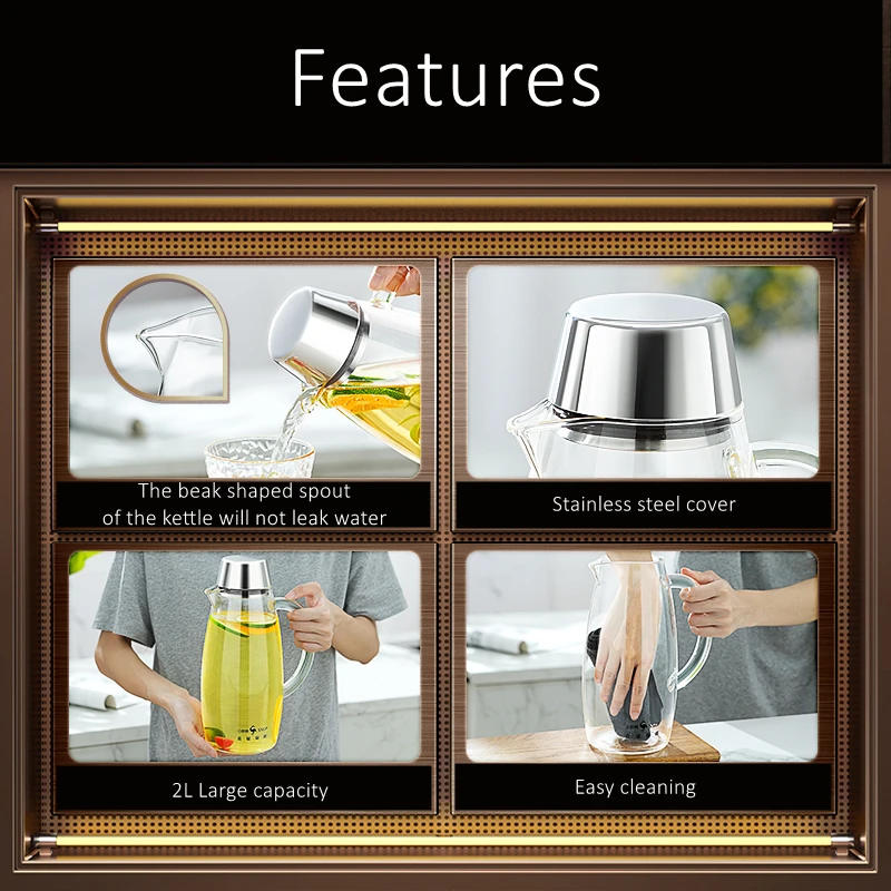 LFGB Certificated High Hardness High-Borosilicate Glass Water Kettle Transparency Bottle -20℃ to 400℃ Resistant 2L Canteen Ewer