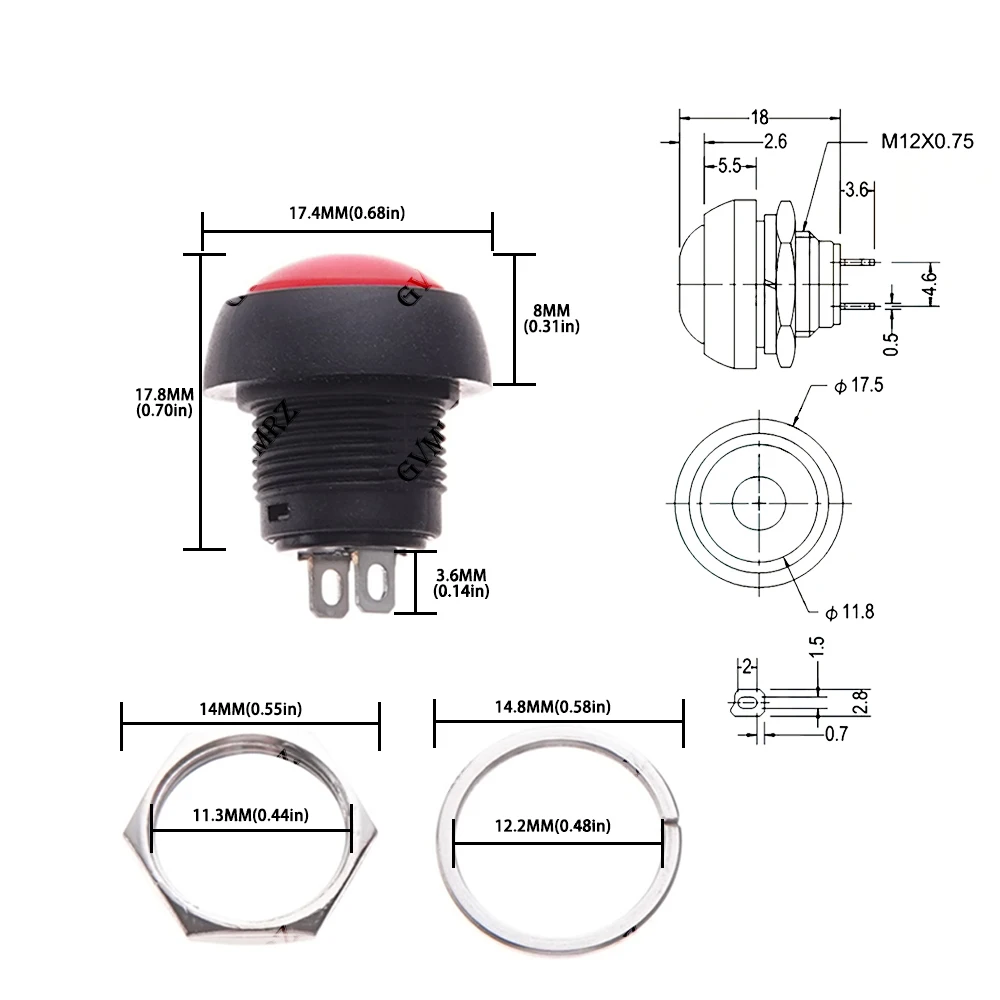 5PCS 화이트 그린 블루 미니 12mm 순간 방수 푸시 버튼 스위치 Horn1A 250V 셀프 리셋 레드 옐로우 블랙 DIY