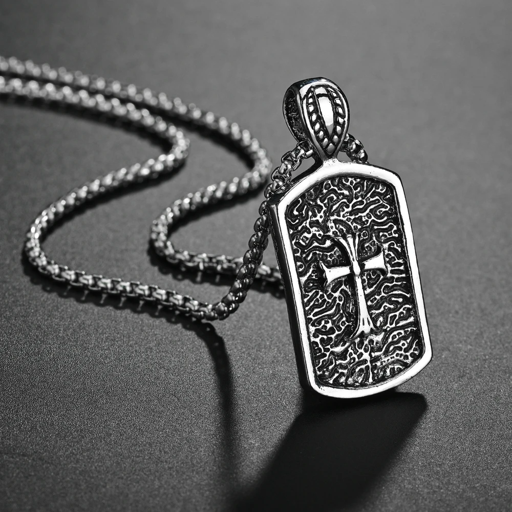 

Gothic Necklace For Men Women Retro Silver Cross Rectangle Pendant Stainless Steel Chain Party Personalized Gifts Jewelry 1Pcs