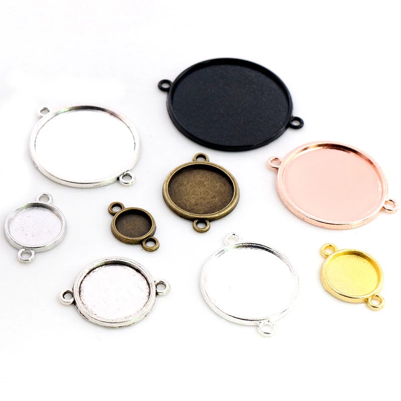 Round Bronze, Gold, and Silver Plated Cabochon Base Pendant - Simple Style, Double Hanging
