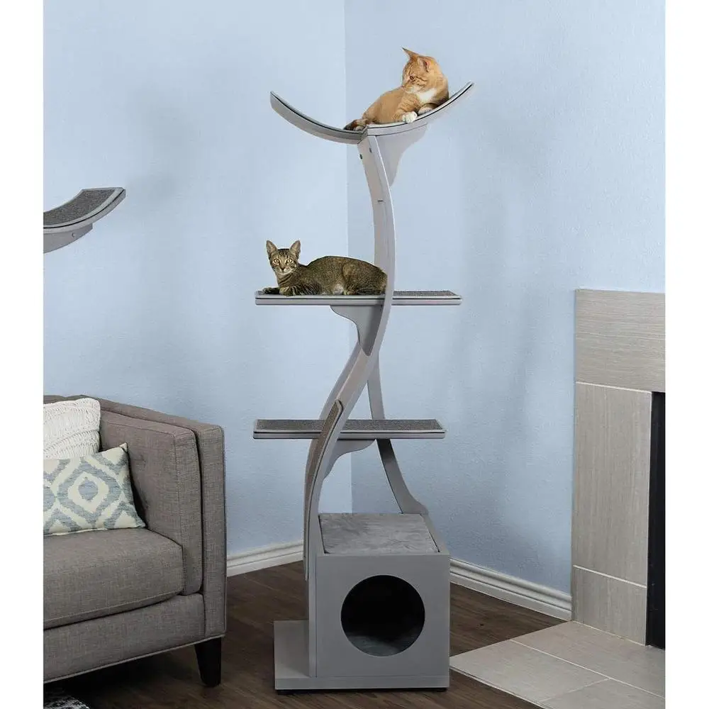 Multi-Level Cat Tower Indoor Climbing Condo Modern Wooden Cat Tree with Scratching Post Durable Stylish Furniture