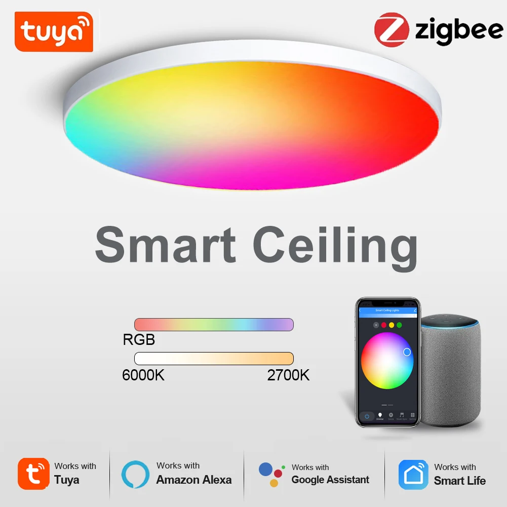 Luz de techo inteligente Tuya Zigbee 3,0, lámpara de techo Led RGBCW con Wifi, decoración del hogar para sala de estar, lámpara inteligente para Alexa y Google Home