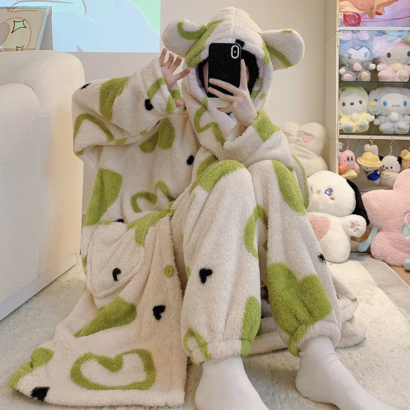 Coral Fleece  Print Nightgown Women Autumn and Winter New Fleece-lined Thickened Cute Hood Long Pajamas Home Wear Set