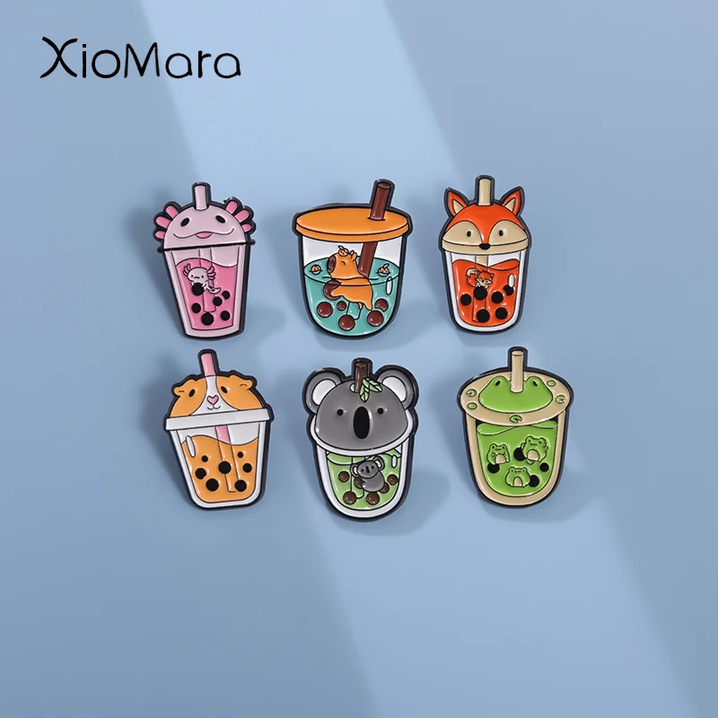 Cartoon Tier Stroh Tasse Emaille Pins niedlichen Frosch Nilpferd Hund Fuchs Broschen dekorative Revers Abzeichen Rucksack Schmuck Geschenk für Freunde