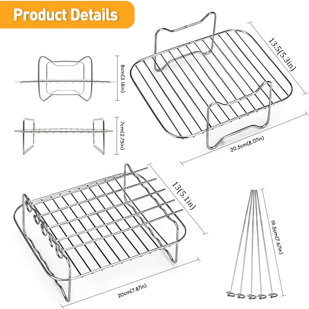 Air Fryer Accessories Rectangle Dual Basket Double Layer Grill Skewer Rack For Ninja DZ201 DZ401 DZ550 Roasting Cooking