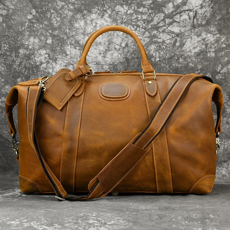 Genuine Crazy Horse Leather Men Travel Bags With Rivet Big HandBag For Male Cowhide Duffel Bag Mans Travelling Bag luxury