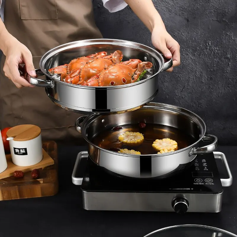 2-Tier Stainless Steel Steamer Multilayer Pot Cookware Pot With Tempered Glass Lid Work with Gas Electric Grill Stove Top Safe