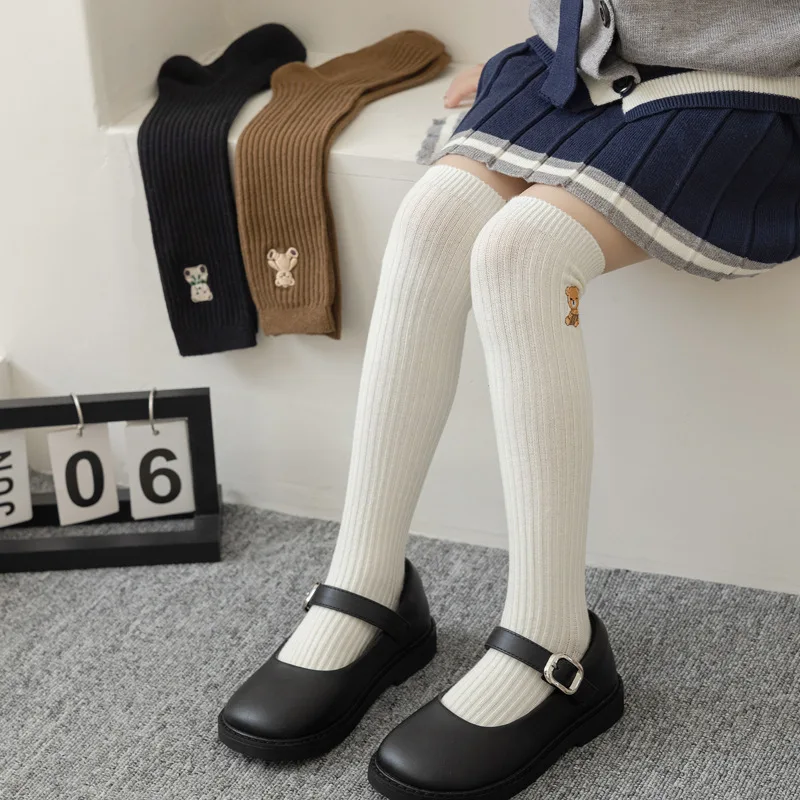 Cotton Knee High Socks for Kids Girls 1-8Y with Bear Embroidery