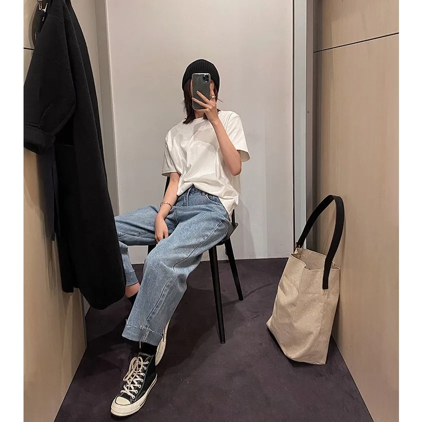 

Loose Short Sleeved T-shirt for Women 100% Pure Cotton Monochromatic Base Round Neck Top Underneath Spring Summer New