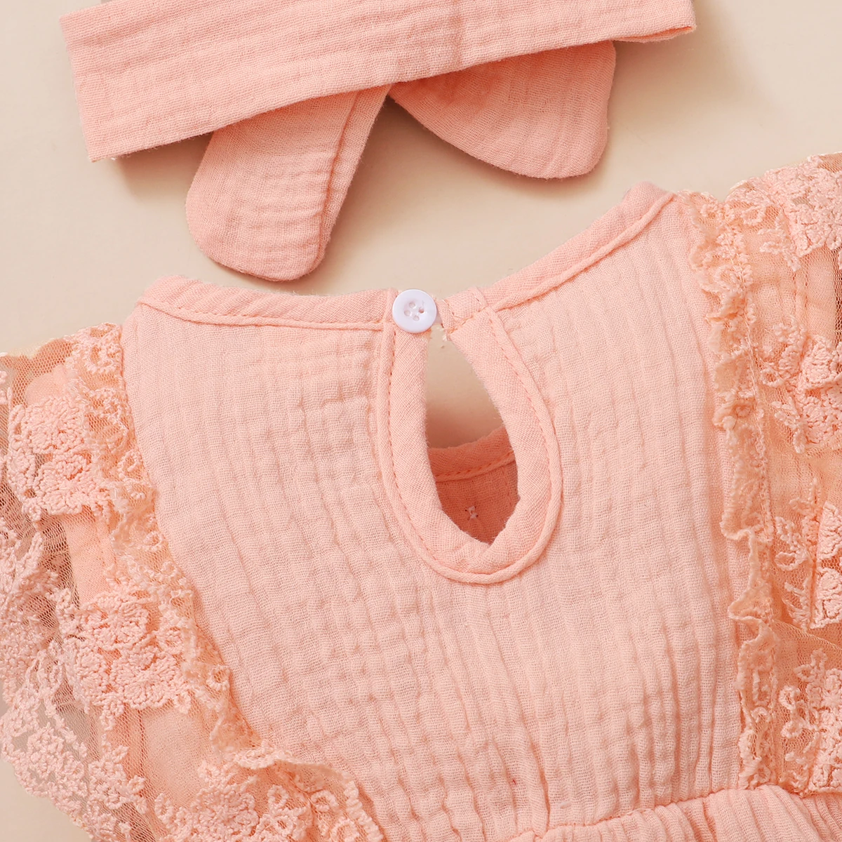0-18 Months Newborn Baby Girl Plain Soft Bodysuit Lace Flared Sleeve Summer Romper with Headband Toddler Baby Girl Clothing 3