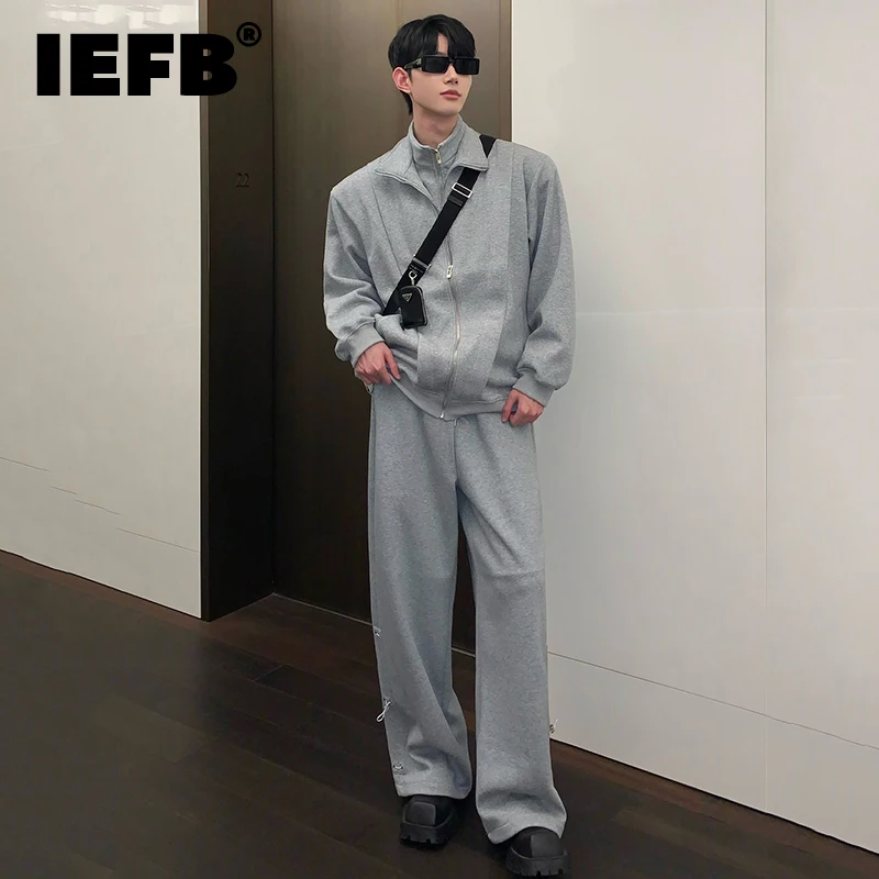 

IEFB Men's Autumn Winter Set Niche Design Fake Two Piece Spliced Stand Collar Jacket Trend Cardigan Baggy Sweatpant Suits 9C2485