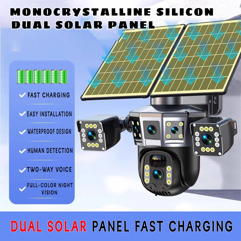 4G Solar Security Camera Outdoor Waterproof Wireless Three Lens Five screens Full Color Night Vision Motion Detection CCTV V360