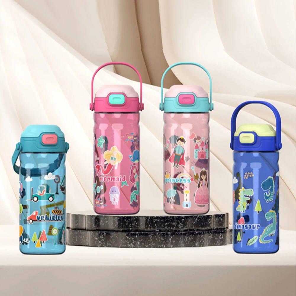 550ML Children Cartoon Plastic Cup With Straw Portable Leakproof Water Bottles For Student