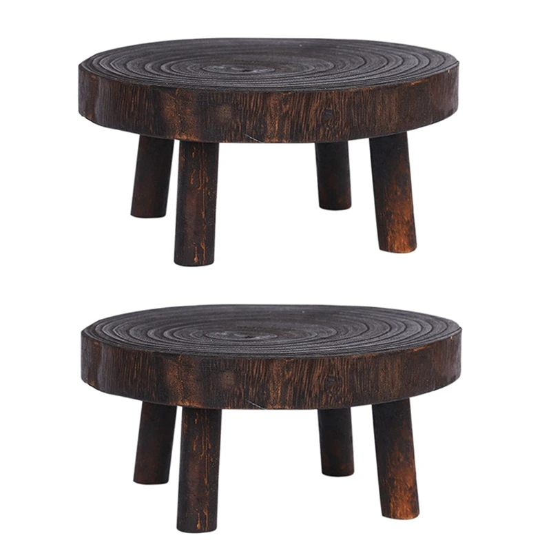 2X Rustic Decorative Round Wood Pedestal Plant Pot Riser Plant Stand