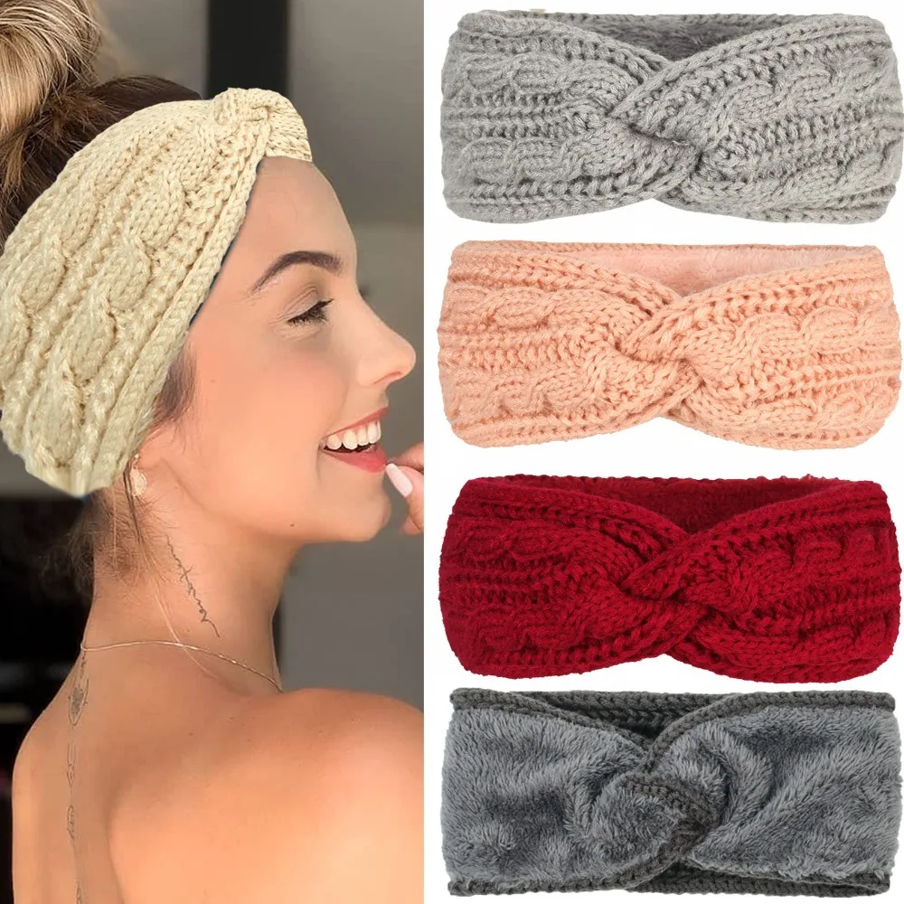 

Wool Ear Warming Headband Fashion Head Wrap Fleece Lined Knit Hair Band Stretch Thick Ear Warmer Headbands Women's