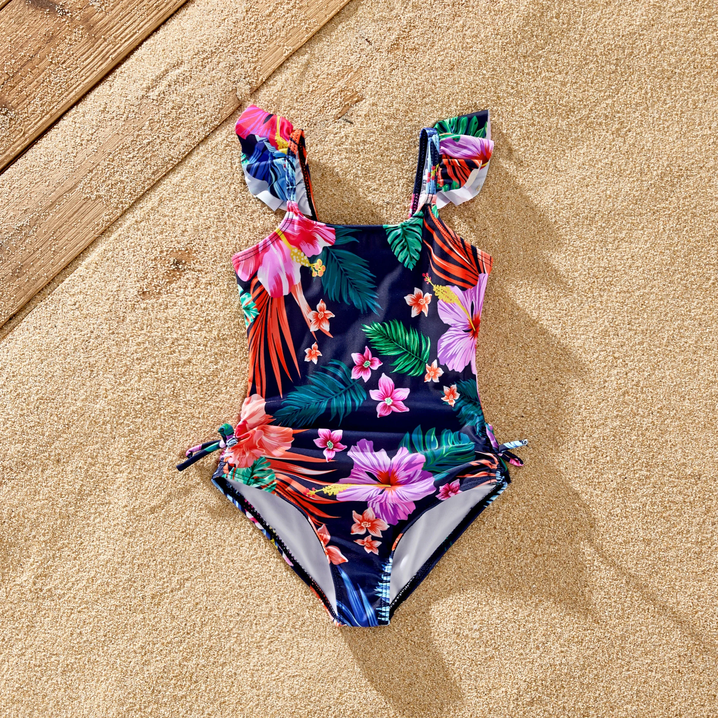 PatPat Family Matching Tropical Floral Drawstring Swim Trunks or Ruched Drawstring Side One-Piece Strap Swimsuit 5