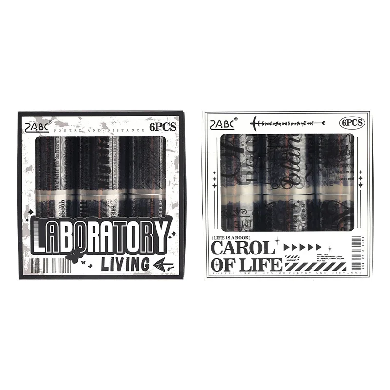 라이프 레버러토리 특수 오일 방수 PET 저널 테이프 영어 흑백 요소 박스형 접착 테이프 스티커 롤