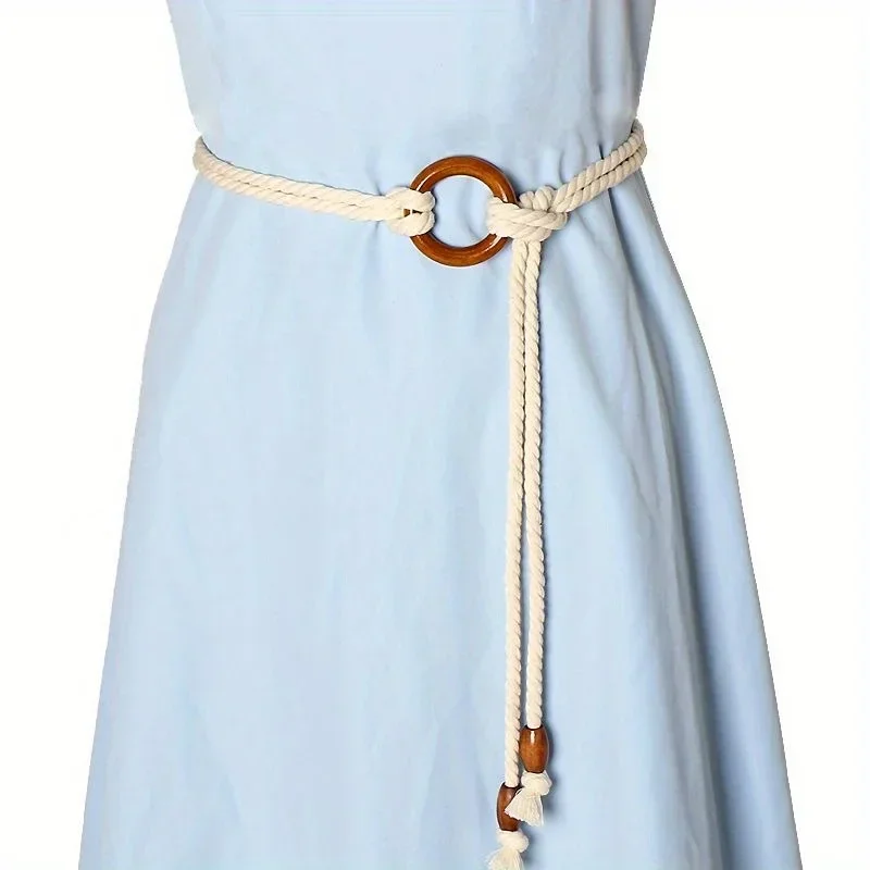 Doppelschichtiger geflochtener Seilgürtel, einfarbig, erweiterter Vintage-Quastenschärpengürtel, lässiger Kleid-Bundgürtel für Frauen – Detail 2