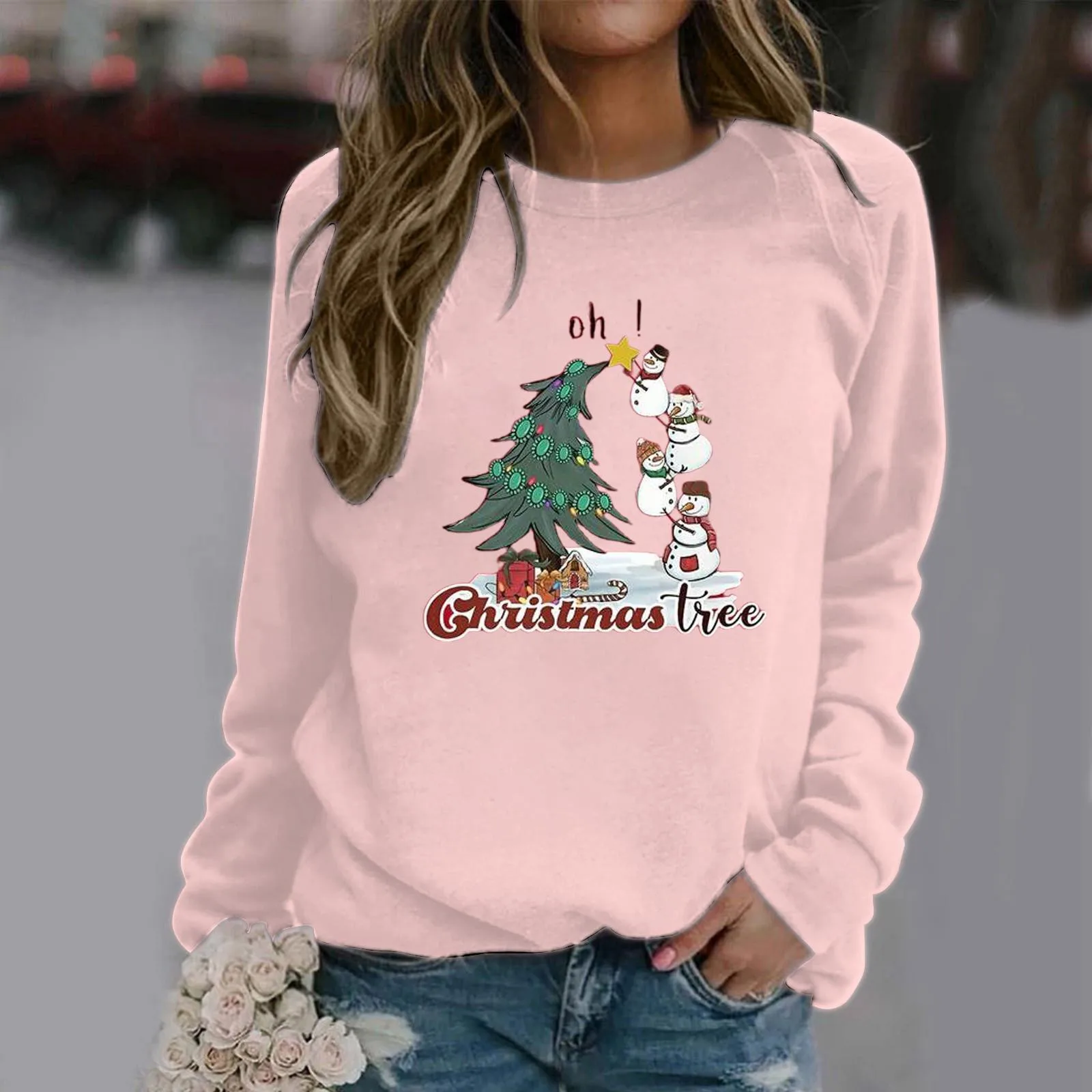 

Womens Autumn And Winter Casual Fun Christmas Tree Snowman Printed Round Neck Long Sleeved Oversize Jumper vintage
