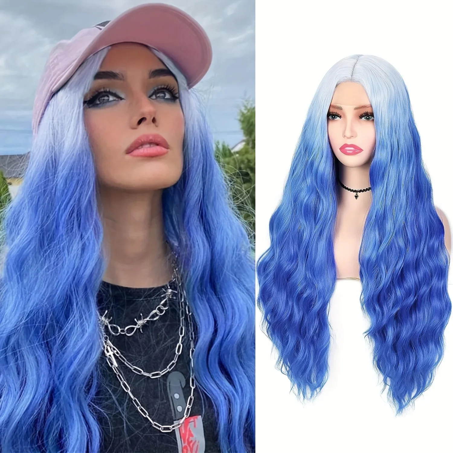 New Blue Long Wavy Blue Wigs for Women 28 Inch Natural Wave Curly Lace Part Wigs Synthetic Wig for Daily or Halloween Party дезодорант mon platin blue wave 80 мл