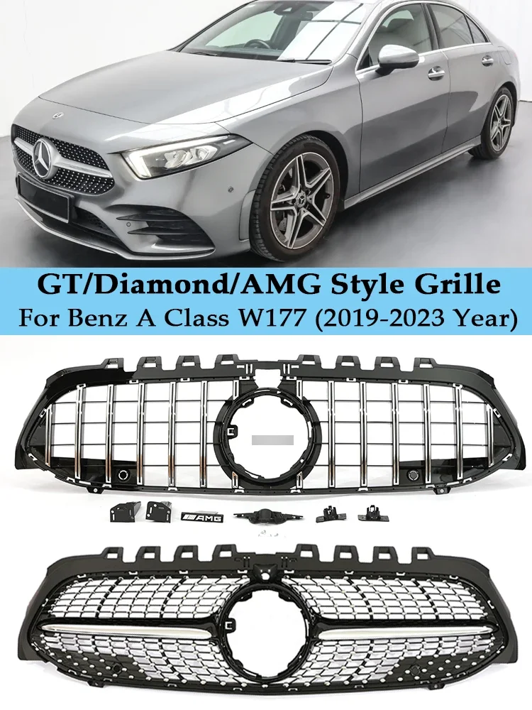 

Front Bumper Grill Panamericana GT Diamond Black Silver Grille For Mercedes Benz A Class V177 W177 2019-2022 AMG A35 A45