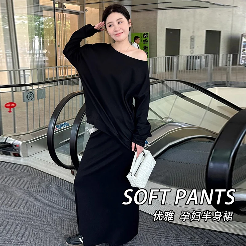 Spring Maternity Long Loose Straight Skirts Pregnant Woman Knitting Skirts Casual Black Grey