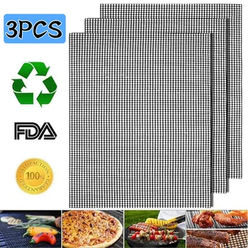 3Pcs Non-Stick BBQ Grill Mesh Mat Perforated Oven Sheet Reusable Barbecue Mat Baking Mat Heat-Resistant Outdoor Grilling Tool