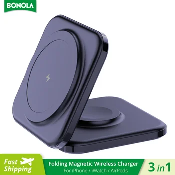 Bonola 마그네틱 무선 충전기, 아이워치 울트라, 8, 7/6, 15W 고속 무선 충전, 아이폰 14 프로, 13/12, 2 인 1 접이식 스탠드