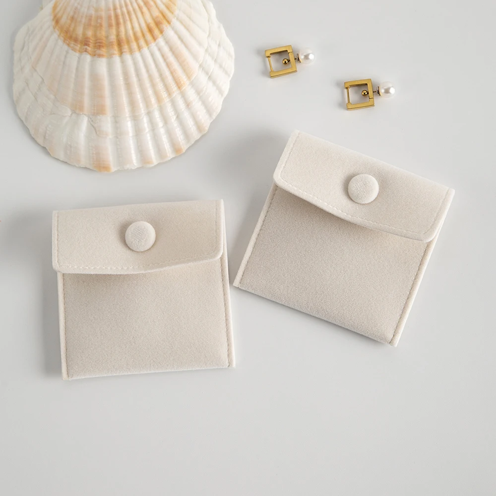 10Pcs/Lot Beige Velvet Jewelry Snap Bag Suede Button Personalized Pouch Rings Earrings Bracelet Cotton Microfiber Gift Packaging 50pcs personalized logo microfiber velvet jewelry small gift bags wedding favors for guests rings earrings cosmetic storage bag