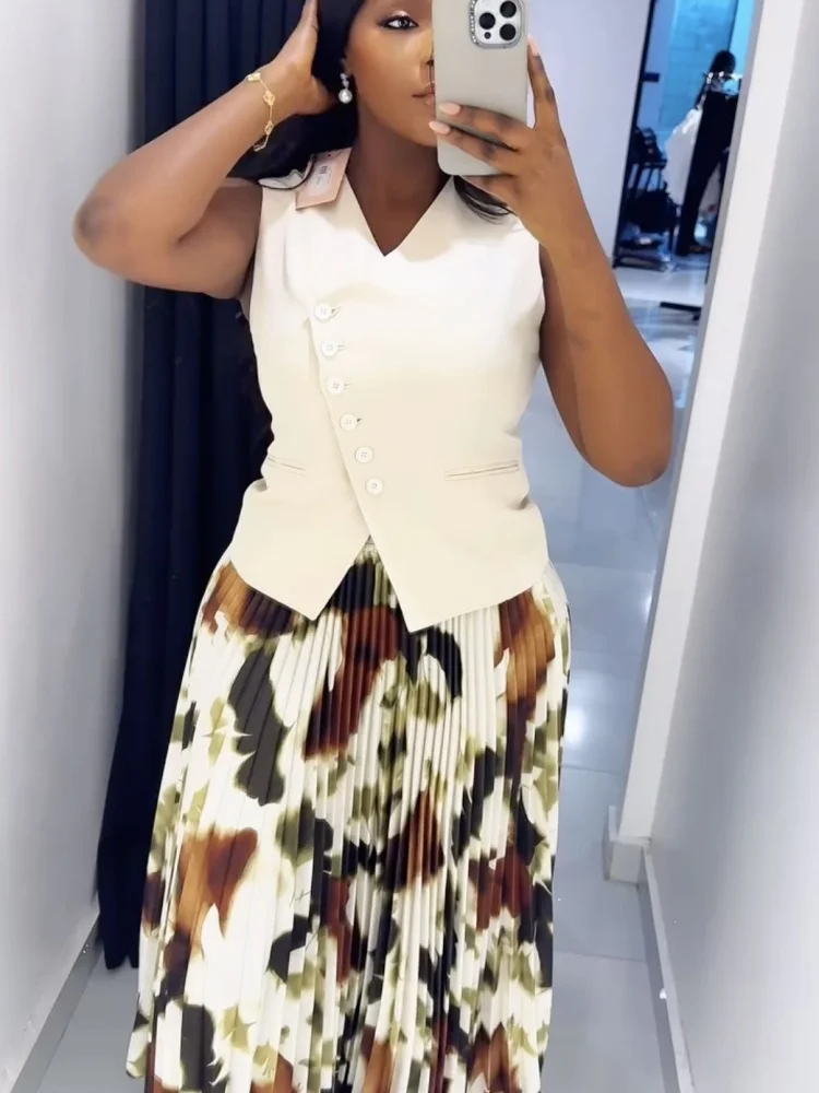 Wmstar 2025 New Women Fashionable Summer Long Refreshing Sweet Dress Sets V Neck Button Waistcoat Printed Pleats Zipper