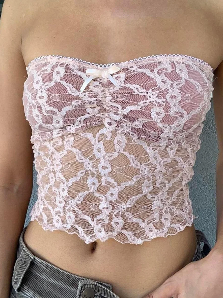 

Женский сетчатый топ-бандо с цветочной вышивкой, без бретелек