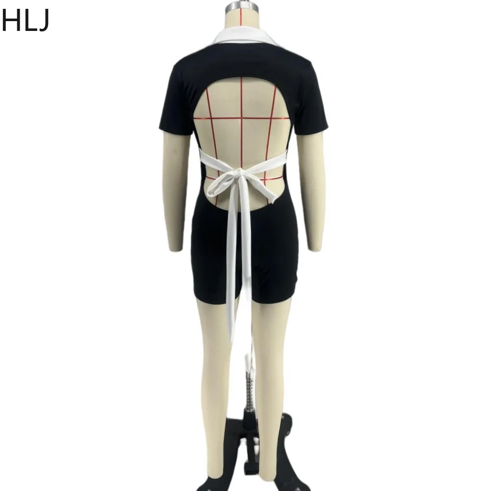 HLJ Sexy Deep V Backless Bow Lace Up Bodycon Nightclub Rompers Women Color Splicing Short Sleeve Hollow Jumpsuit Fashion Overall