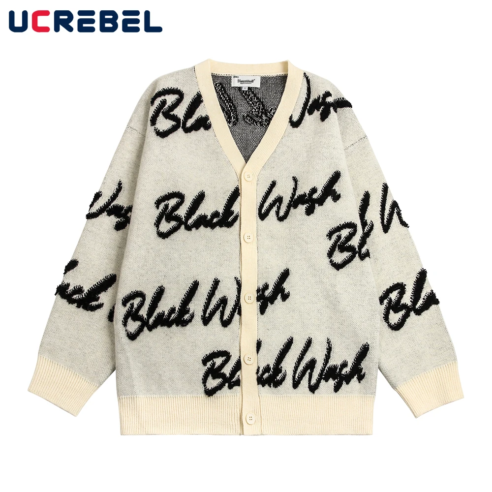 

Letter Towel Embroidery Loose Cardigan Sweater Mens High Street Casual V-neck Long Sleeve Knitted Outerwear Men